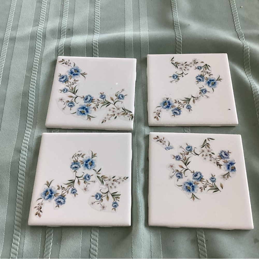 Hand Crafted Floral Ceramic Coasters - Blue and White